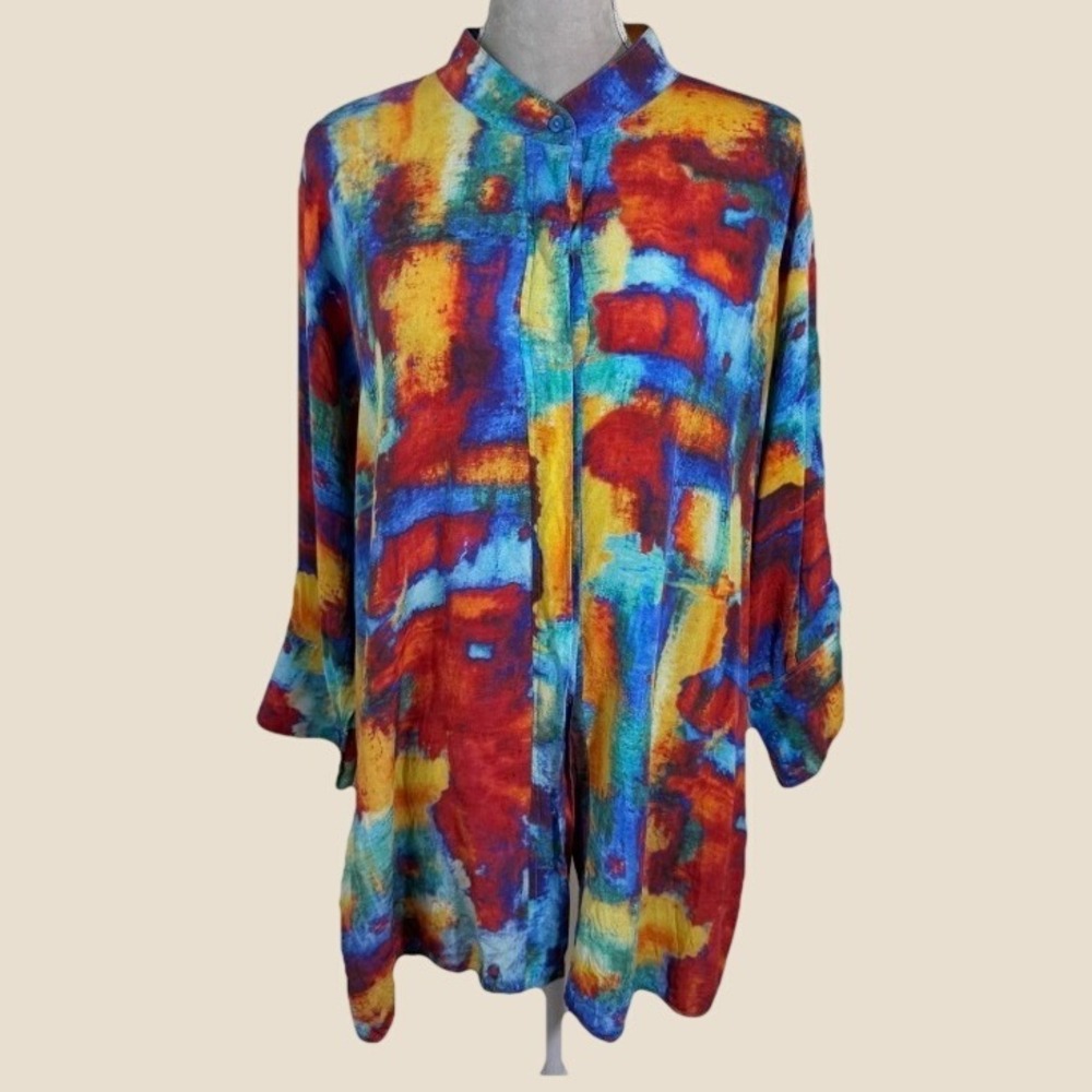 John Mark Womens Silk Abstract Watercolor Tunic Shirt Oversized Multi Color M